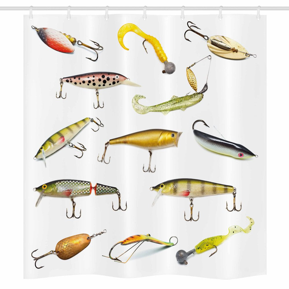Fishing Stall Shower Curtain, Fishing Tackle Bait for Spearing Trapping Catching Aquatic Animals Molluscs Design, Fabric Bathroom Set with Hooks, 36W X 72L Inches Long, Multicolor, by Ambesonne