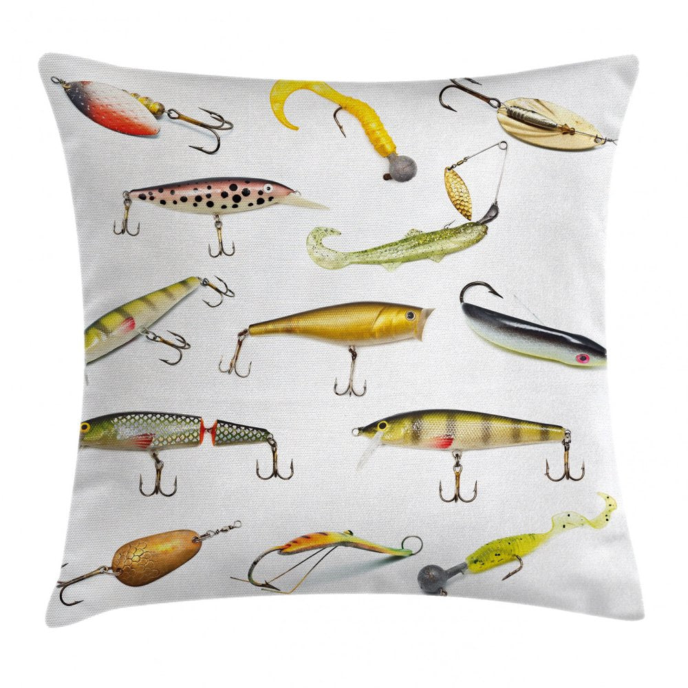 Fishing Decor Throw Pillow Cushion Cover, Fishing Tackle Bait for Spearing Trapping Catching Aquatic Animals Molluscs Design, Decorative Square Accent Pillow Case, 24 X 24 Inches, Multi, by Ambesonne