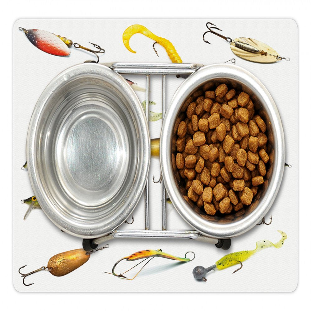 Fishing Pet Mat for Food and Water, Fishing Tackle Bait for Spearing Trapping Catching Aquatic Animals Molluscs Design, Non-Slip Rubber Mat for Dogs and Cats, 18" X 12", by Ambesonne