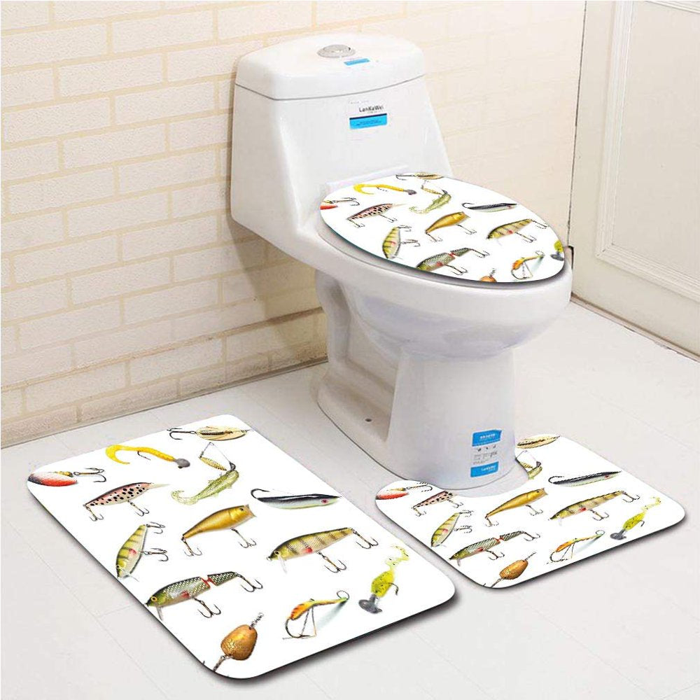 CHAPLLE Fishing Tackle Bait for Spearing Trapping Catching Aquatic Molluscs 3 Piece Bathroom Rugs Set Bath Rug Contour Mat and Toilet Lid Cover