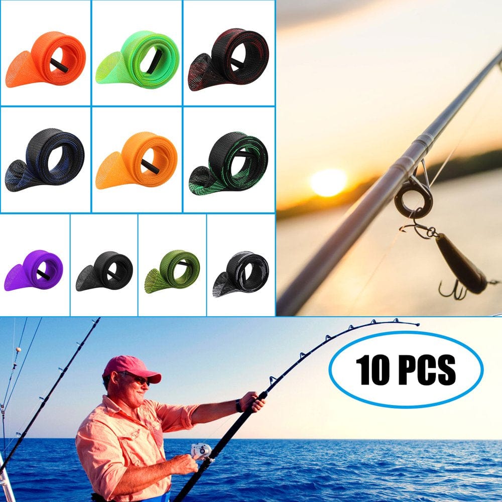 Eeekit 10/1Pcs Fishing Rod Cover, Fishing Rod Sleeve Socks, Sleeve Cover Braided Mesh Rod Protector, Fishing Pole Covers Sleeves for Fly Spinning Casting Rod,Flat End Fishing Gear Tools Accessories