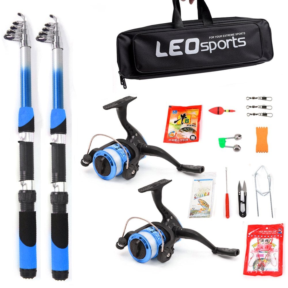 LEO Fishing Rod Reel Combo Full Kit with 2PCS 2.1M Telescopic Fishing Rods 2PCS Reels Fishing Lures Hooks Accessories Fishing Bag