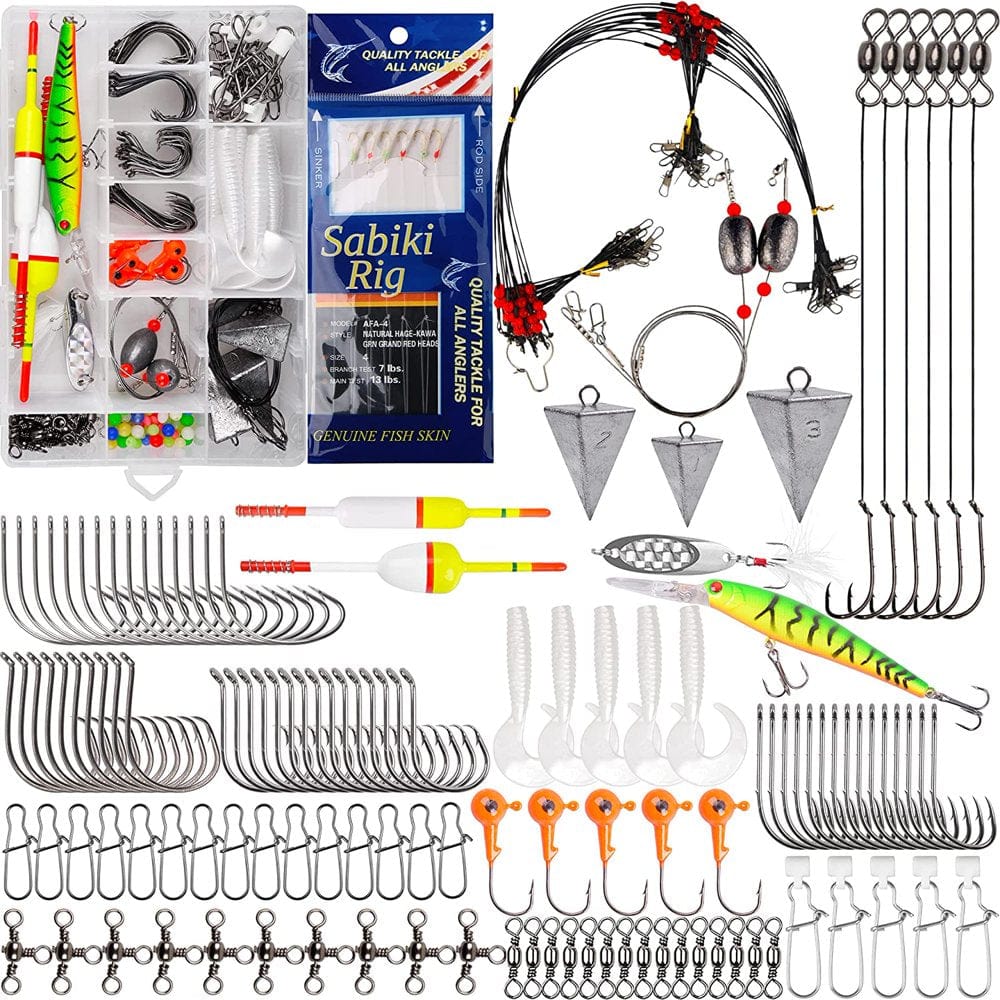 Saltwater Surf Fishing Tackle Kit - 180Pcs Fishing Bait Rigs Saltwater Fishing Lure Minnow Spoon Fishing Hooks Pyramid Sinker Leaders Swivel Slip Bobbers Beach Fishing Gear Various Fishing Accessories