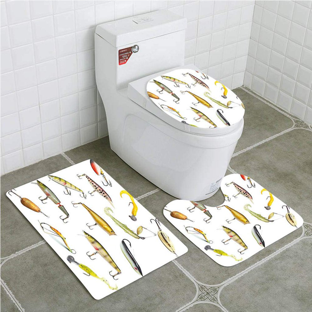 CHAPLLE Fishing Fishing Tackle Bait for Spearing Trapping Catching Aquatic 3 Piece Bathroom Rugs Set Bath Rug Contour Mat and Toilet Lid Cover