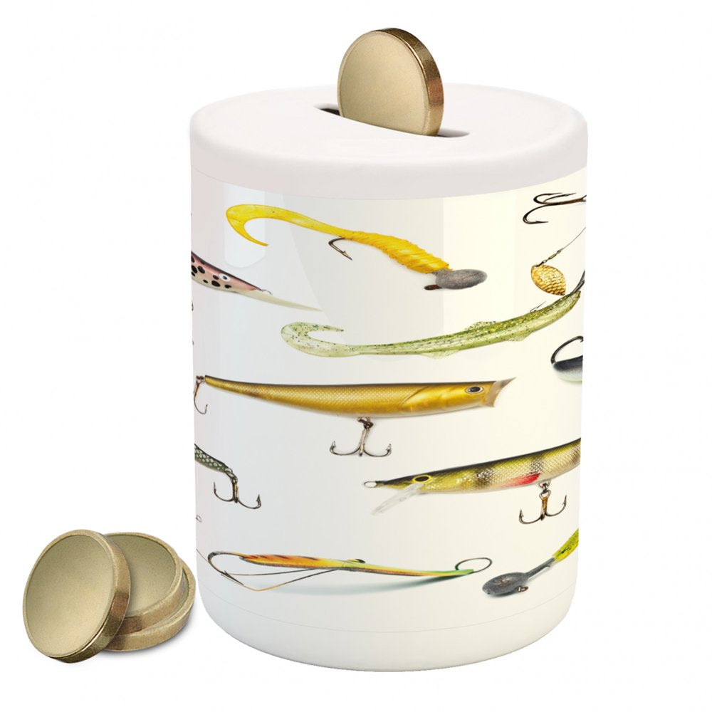Fishing Piggy Bank, Fishing Tackle Bait for Spearing Trapping Catching Aquatic Animals Molluscs Design, Ceramic Coin Bank Money Box for Cash Saving, 3.6" X 3.2", Multicolor, by Ambesonne