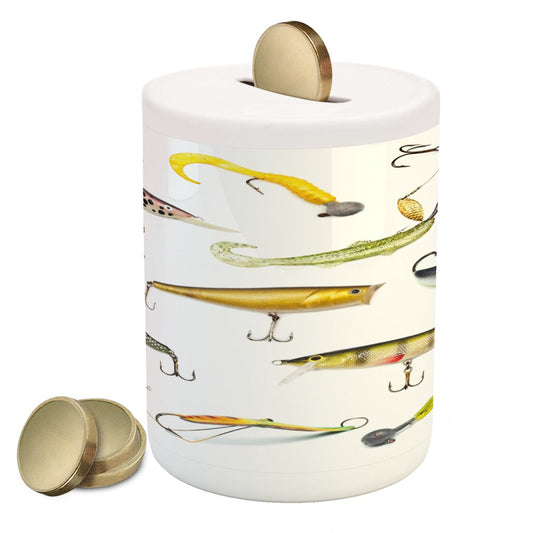 Fishing Piggy Bank, Fishing Tackle Bait for Spearing Trapping Catching Aquatic Animals Molluscs Design, Ceramic Coin Bank Money Box for Cash Saving, 3.6" X 3.2", Multicolor, by Ambesonne