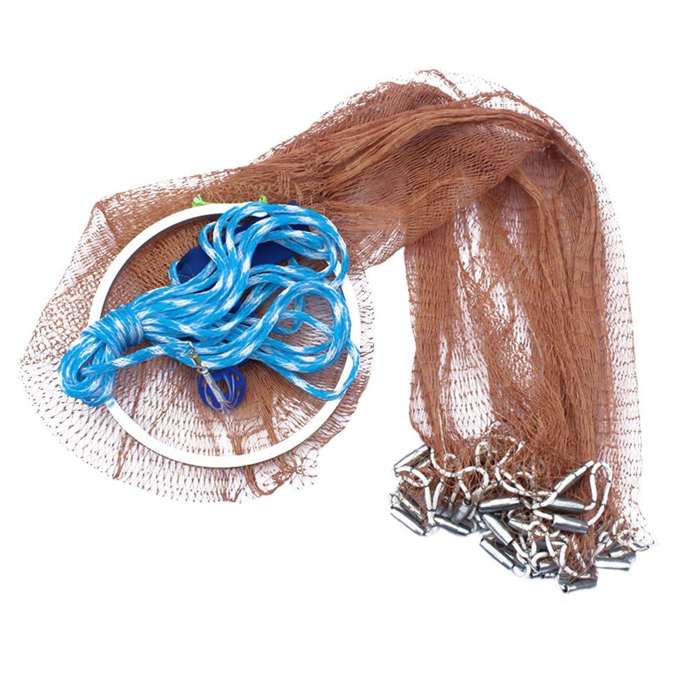 Fishing Net 2.4M Bait Cast Mesh Trap Net Portable Fishing Landing Net Shrimp Cage for Fish Lobster Prawn Minnow Crayfish Crab Tire Line Brown