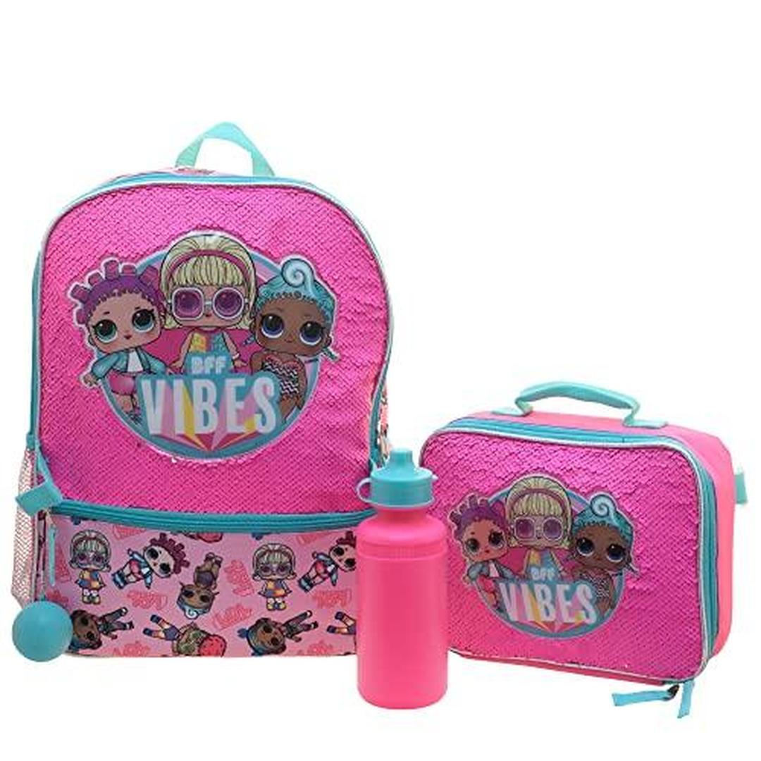 LOL Girl’s 4 Piece Backpack Set Sequin School Bag with Front Zip Pocket 2 Side Mesh Pockets Insulated Lunch Bag Water Bottle and Squish Ball Dan