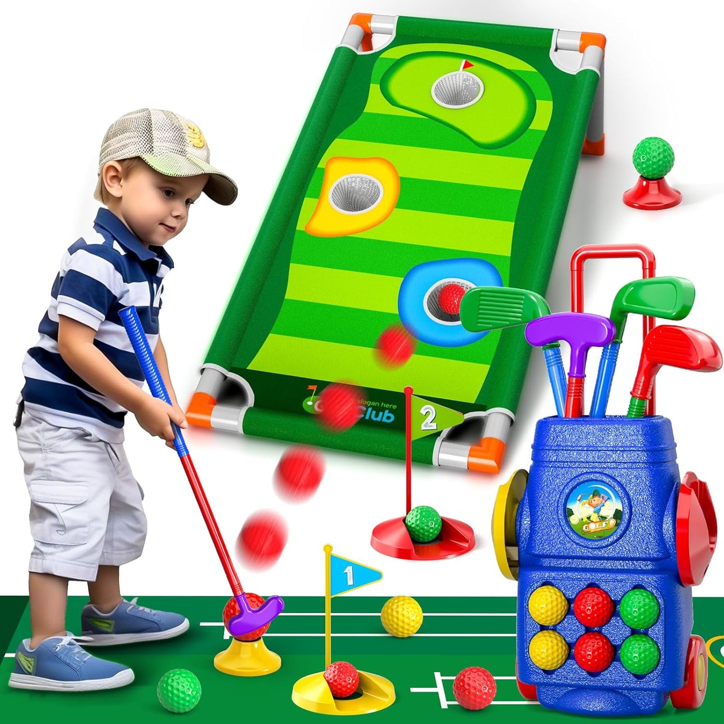 Doloowee Kids Golf Clubs, 2 in 1 Toddler Golf Set with Golf Board, Putting Mat, 6 Balls, Indoor Outdoor Sport Toys Birthday Gifts for Boys Girls 3 4 5 6 Years Old