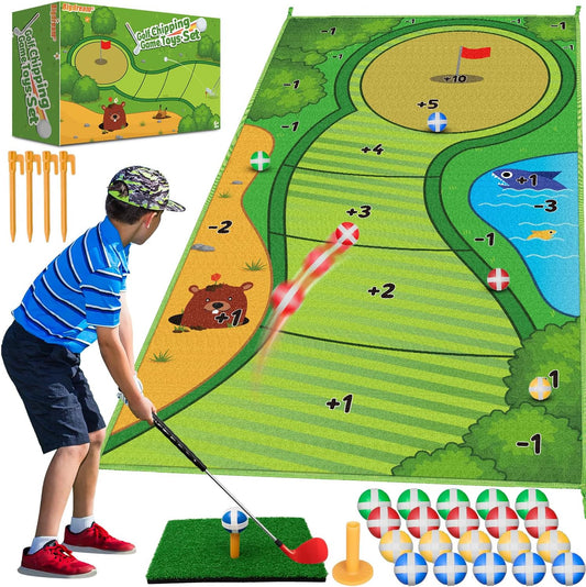 Toddler Golf Club Set with Chipping Golf Game Mat，Indoor Outdoor Backyard Stick Chip Play Equipment Games Gift Toys for 3 4 5 6 7 8 9 10 11 12 Year Old Boys Girls Kids Adult，Birthday Gifts