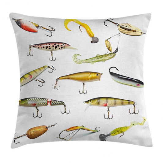 Fishing Decor Throw Pillow Cushion Cover, Fishing Tackle Bait for Spearing Trapping Catching Aquatic Animals Molluscs Design, Decorative Square Accent Pillow Case, 16 X 16 Inches, Multi, by Ambesonne