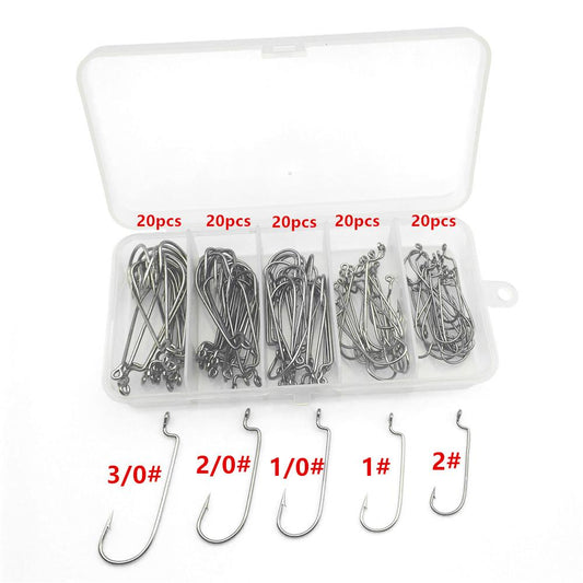 Jig Head Fish Hooks 100PC Set-20 Each of 5 Sizes Segmented Storage Box