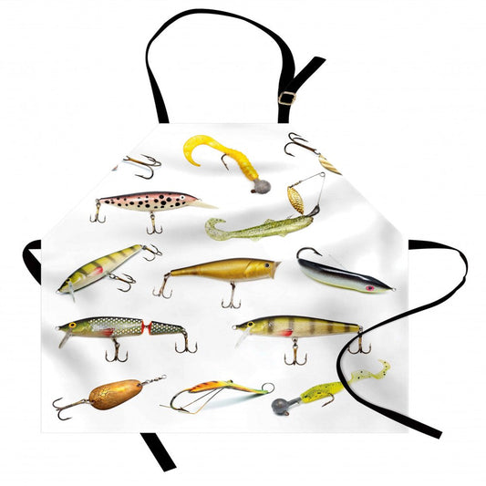 Fishing Apron Fishing Tackle Bait for Spearing Trapping Catching Aquatic Animals Molluscs Design, Unisex Kitchen Bib Apron with Adjustable Neck for Cooking Baking Gardening, Multicolor, by Ambesonne