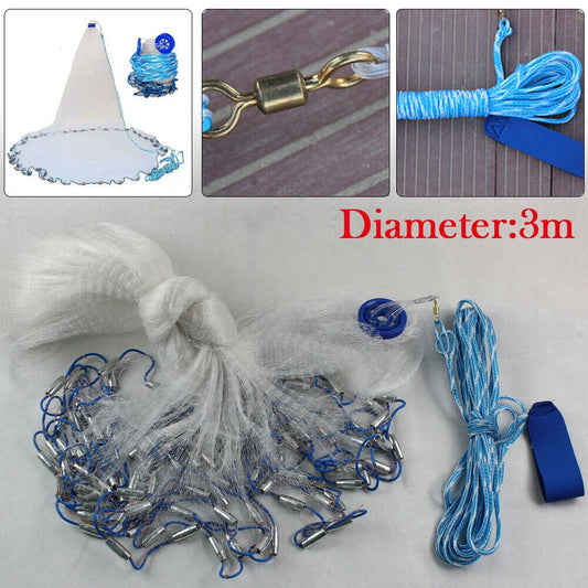TFCFL 10Ft Fishing Cast Net Bait Easy Throw Hand Cast Strong Trap Line Mesh W/Sinker