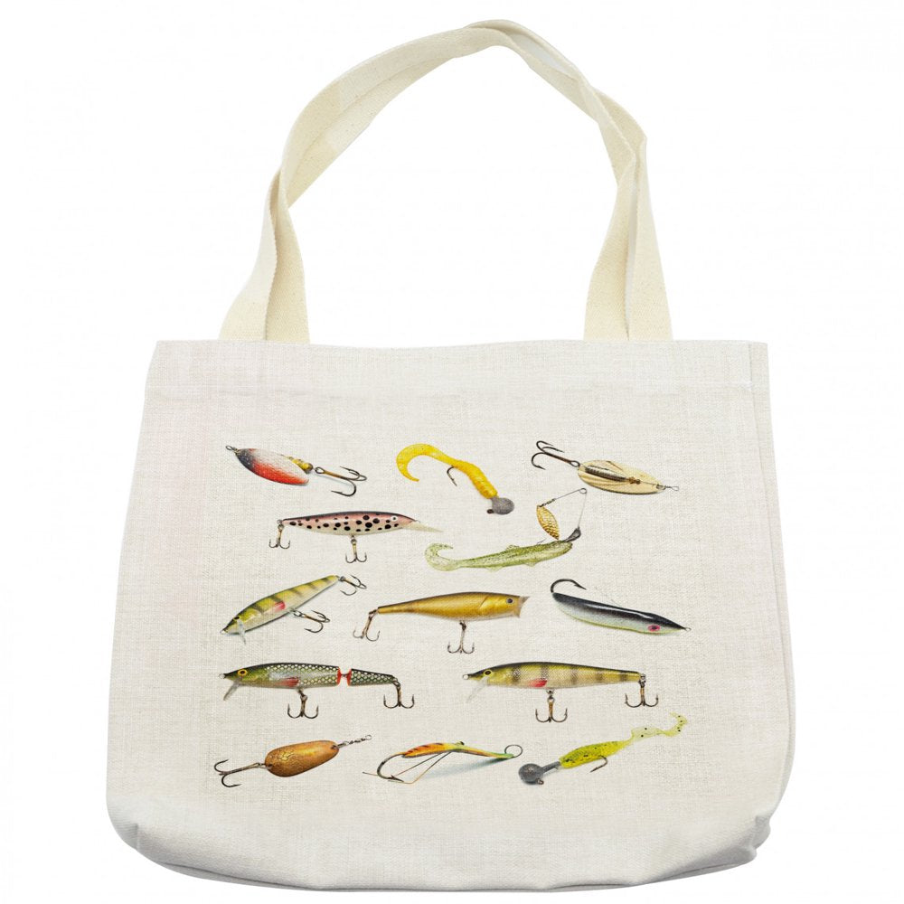 Fishing Tote Bag, Fishing Tackle Bait for Spearing Trapping Catching Aquatic Animals Molluscs Design, Cloth Linen Reusable Bag for Shopping Books Beach and More, 16.5" X 14", Cream, by Ambesonne