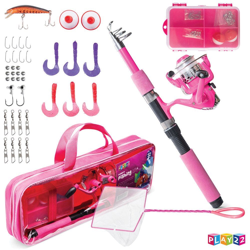 Play22Usa Kids Fishing Pole Pink 40 Set Kids Fishing Rod and Reel Combos Fishing Poles for Youth Kids Includes Fishing Tackle Fishing Gear Fishing Lures Net Carry on Bag Fully Fishing Equipment