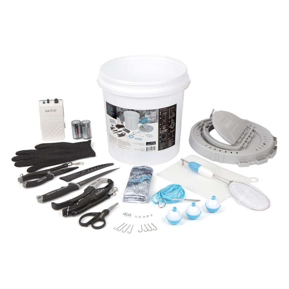 Realtree Angler Fishing Bucket and Tool Kit with Speed Aerator, Fish Fillet Knife, Fish Hook Remover Tackle Box and Bait Storage, 33 Pieces