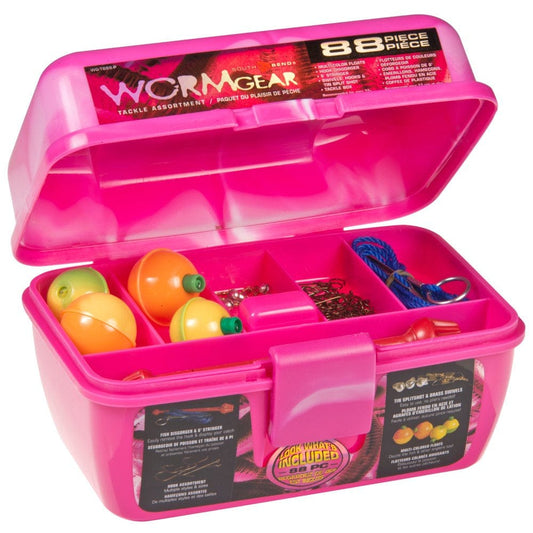 South Bend Worm Gear 88-Piece Loaded Fishing Tackle Box, Pink